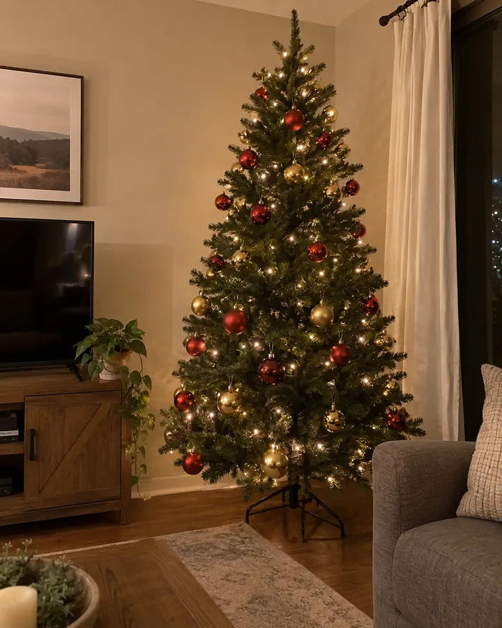 Árvore de Natal decorada só com bolas vermelhas e douradas e luzes, sem nenhum personagem