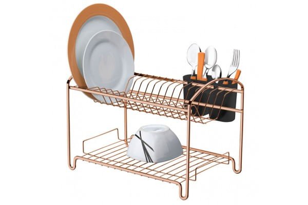 Escorredor de Louças 2 Andares 16 Pratos Rose Gold com Porta Talheres