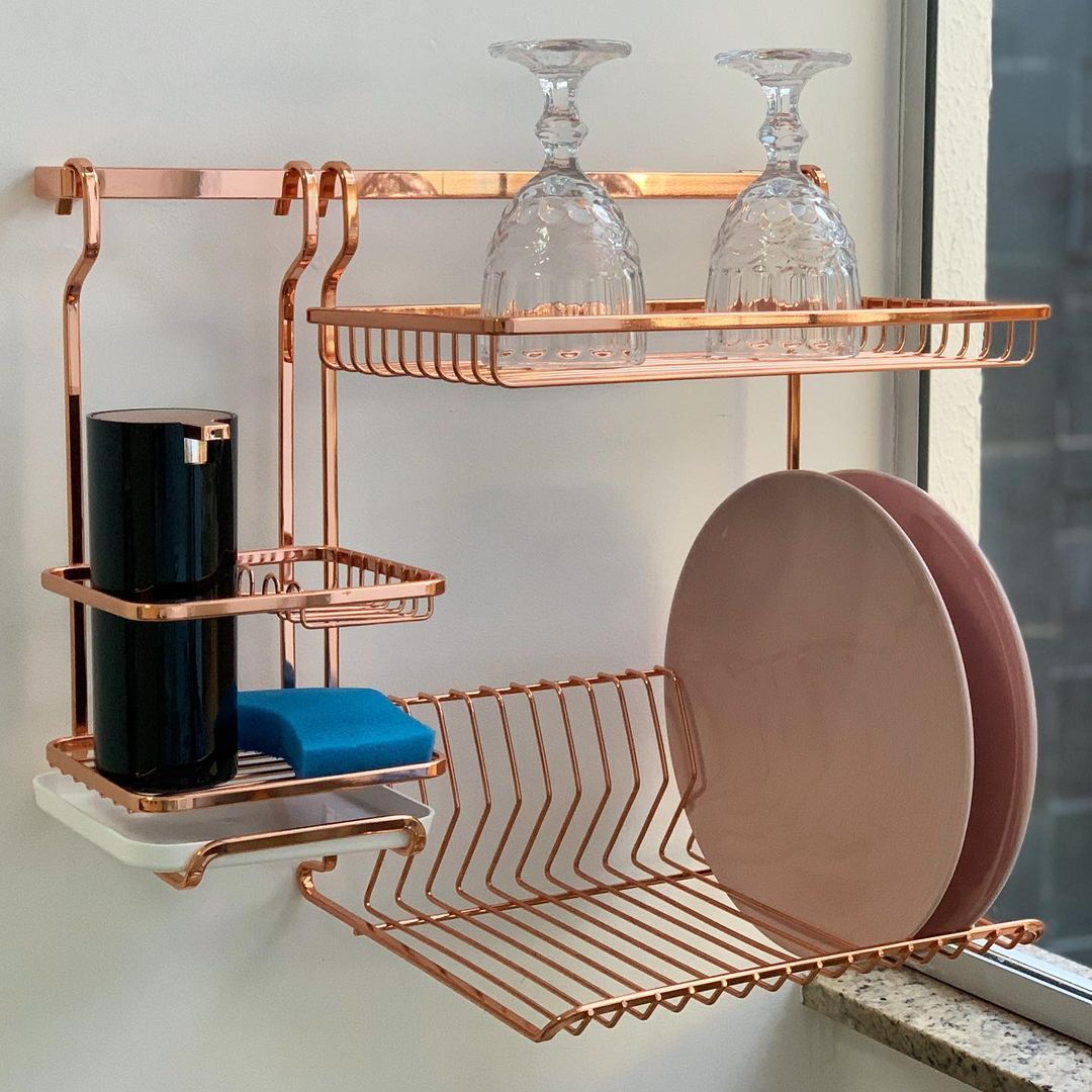 Escorredor de Louças de Parede  Suspenso Duplo Para Barra Luxo Rose Gold