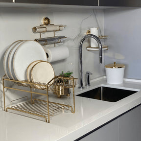 Escorredor de Louças Duplo 16 Pratos Aço Dourado Luxo