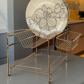 Escorredor de Louças Duplo 16 Pratos Aço Dourado Luxo
