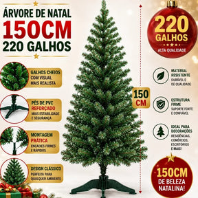 Especificações da árvore de Natal: 150 cm, 220 galhos, pé de PVC e montagem por encaixe.