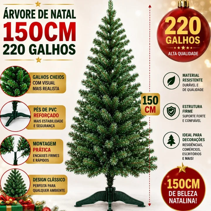 Especificações da árvore de Natal: 150 cm, 220 galhos, pé de PVC e montagem por encaixe.