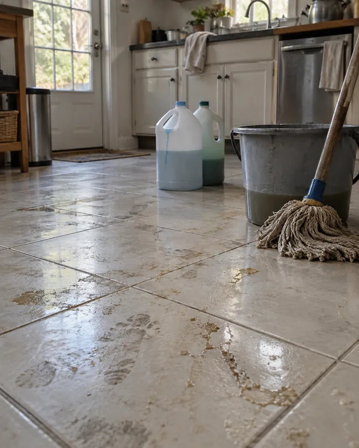 Piso de cerâmica com marcas de pegadas e resíduo, balde de água suja e garrafões de limpador líquido