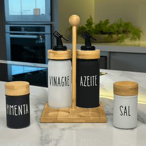 Galheteiro Branco e Preto Doha com Suporte de Bambu 5 Peças