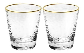Jogo 2 Copos Vidro Martelado Borda Dourada Fio de Ouro 300ml - 2 Peças