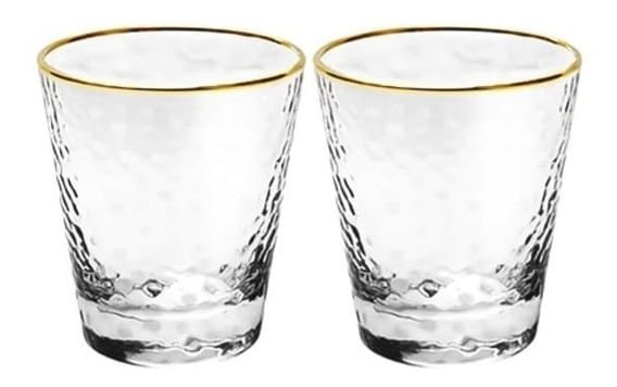 Jogo 2 Copos Vidro Martelado Borda Dourada Fio de Ouro 300ml - 2 Peças