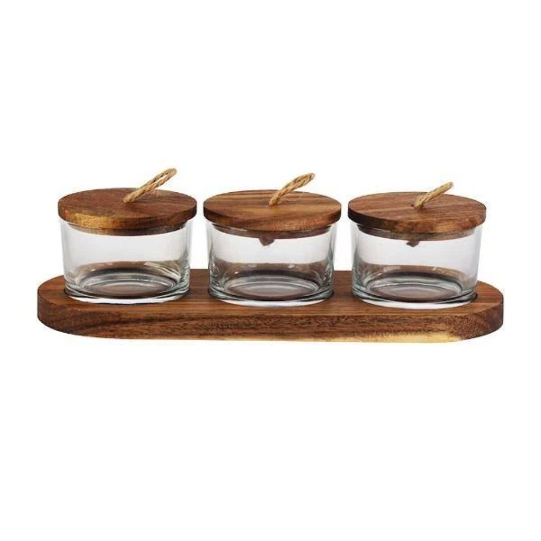 Jogo 3 Petisqueiras em Vidro com Tampa e Suporte em Madeira 120ml