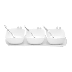 Jogo 3 Petisqueiras Porcelana com Bandeja e Colher Birds Branca 36cm