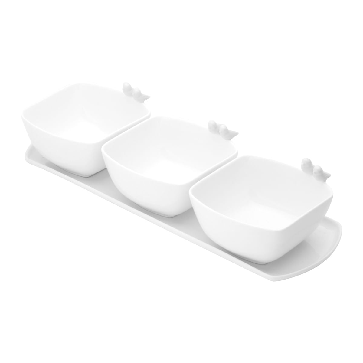 Jogo 3 Petisqueiras Porcelana com Bandeja e Colher Birds Branca 36cm