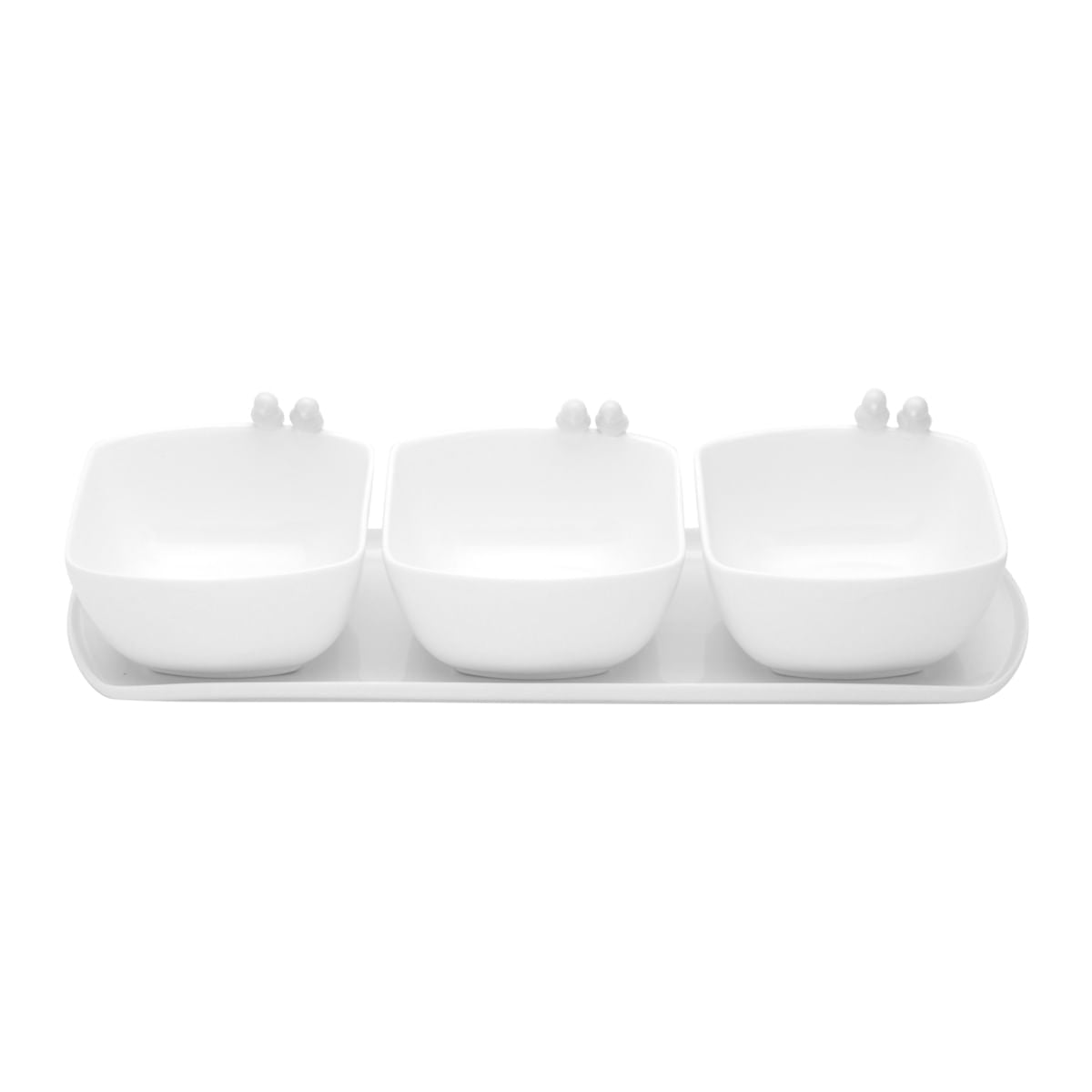 Jogo 3 Petisqueiras Porcelana com Bandeja e Colher Birds Branca 36cm