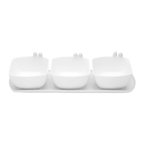 Jogo 3 Petisqueiras Porcelana com Bandeja e Colher Birds Branca 36cm