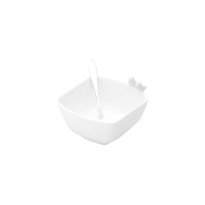 Jogo 3 Petisqueiras Porcelana com Bandeja e Colher Birds Branca 36cm