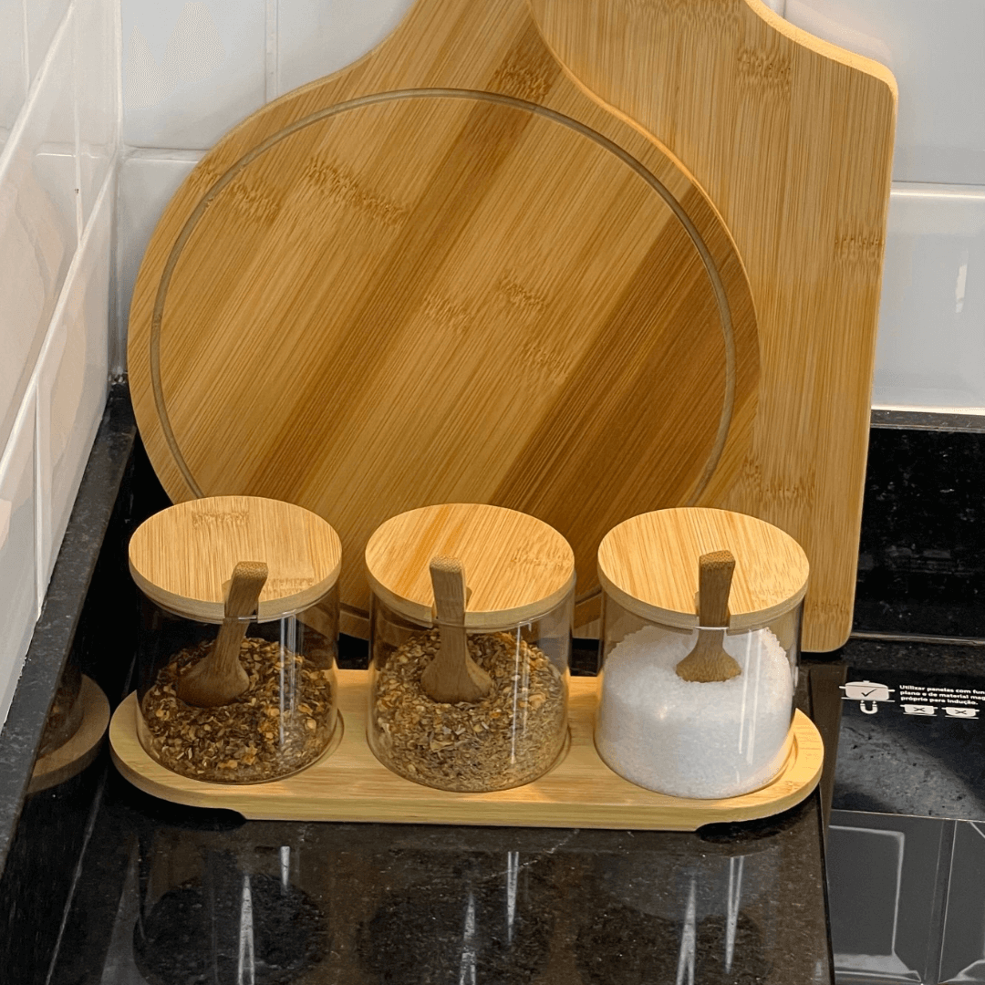 Jogo 3 Porta Condimentos com Suporte de Bambu e Colher 4 Peças