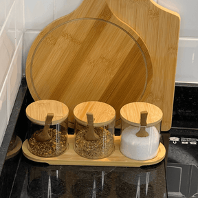 Jogo 3 Porta Condimentos com Suporte de Bambu e Colher 4 Peças