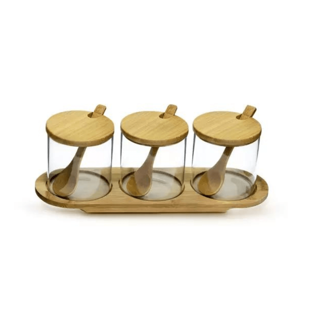 Jogo 3 Porta Condimentos com Suporte de Bambu e Colher 4 Peças