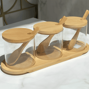 Jogo 3 Porta Condimentos com Suporte de Bambu e Colher 4 Peças