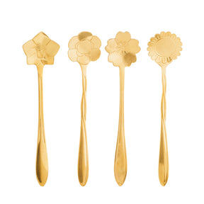 Jogo 4 Colheres para Chá  Flores Aço Inox Dourado