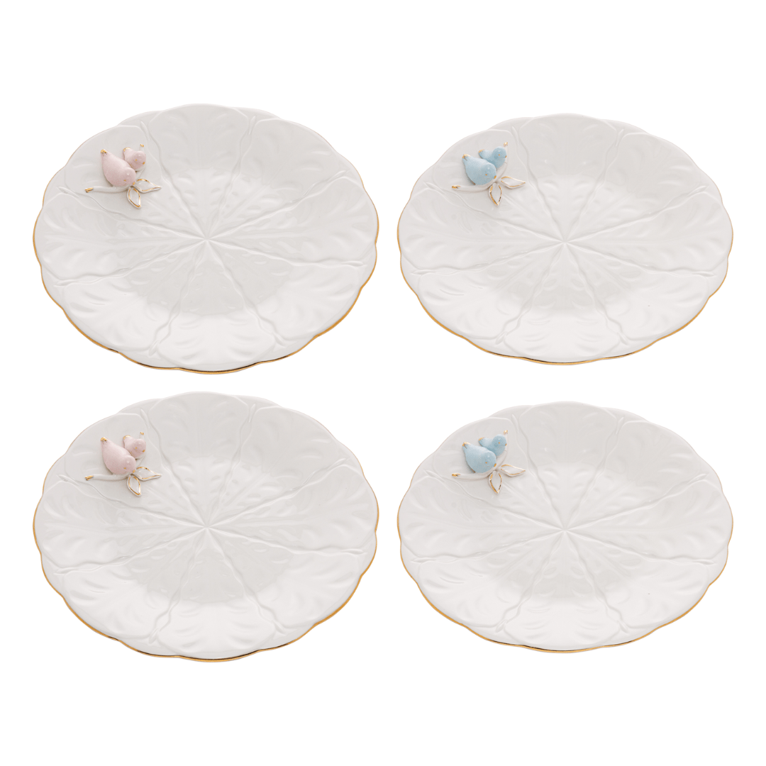 Jogo 4 Pratos para Sobremesa Bird Porcelana Branco 20cm
