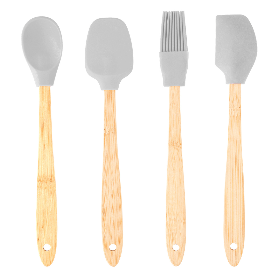 Jogo 4 Utensílios de Cozinha e Silicone e Cabo de Bambu