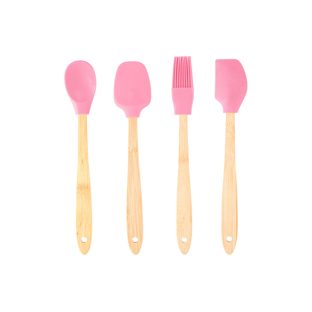 Jogo 4 Utensílios de Silicone com Cabo de Bambu Rosa
