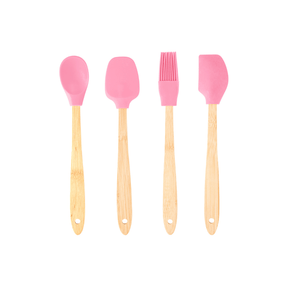 Jogo 4 Utensílios de Silicone com Cabo de Bambu Rosa