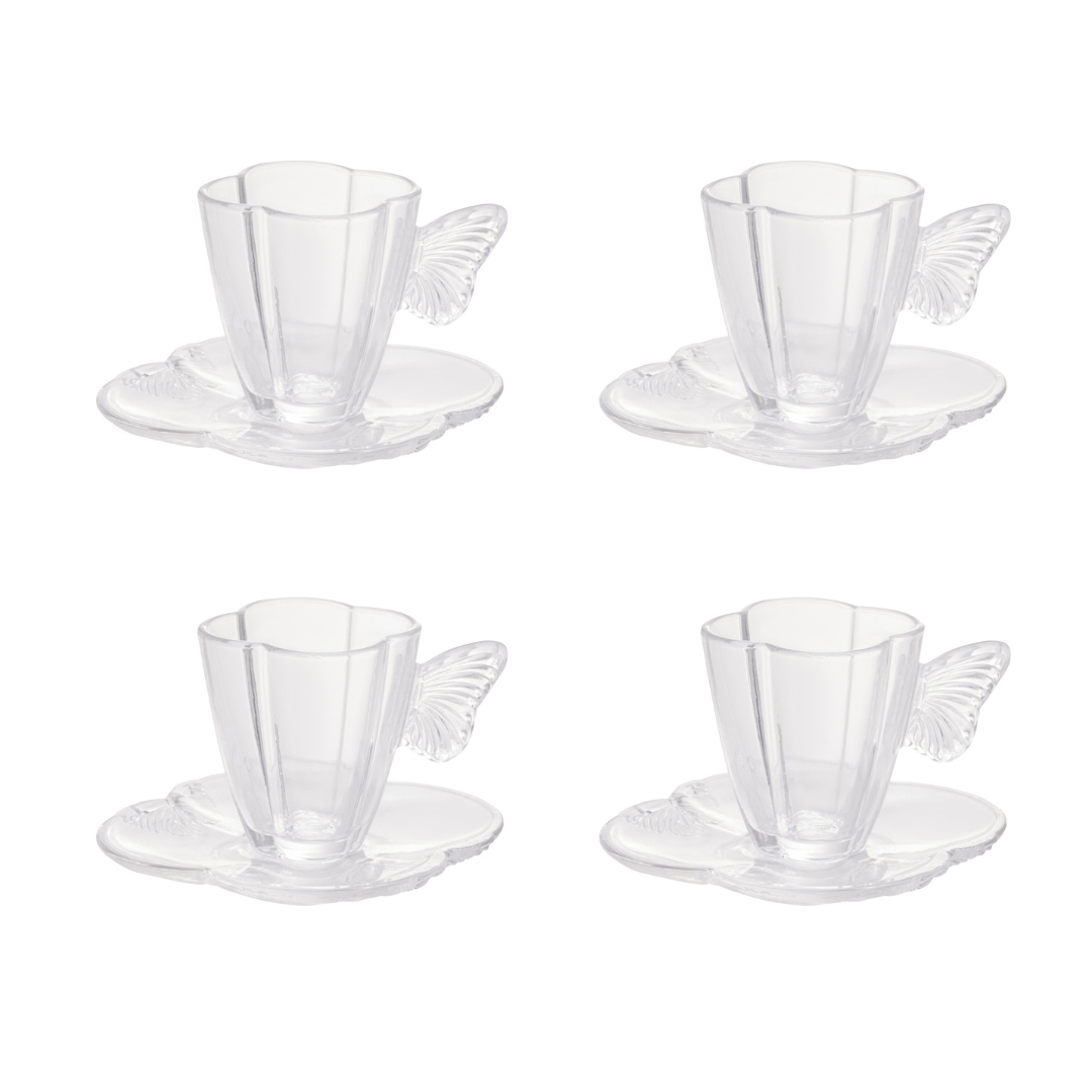 Jogo 4 Xicaras de Café com Pires de Vidro Butterfly 80ml