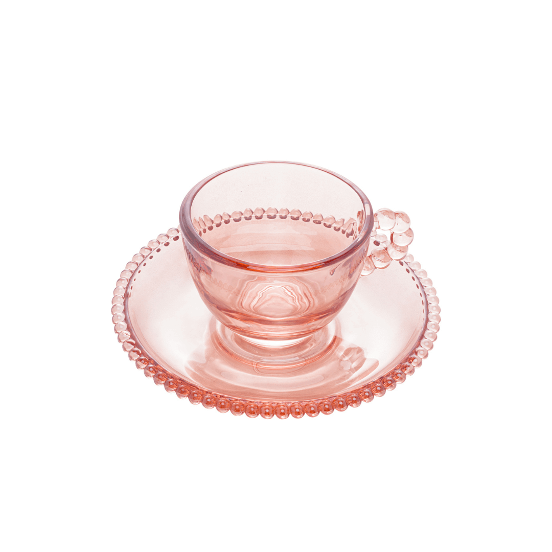 Jogo 4 Xicaras de Café Cristal de Chumbo com Pires Pearl Rosa 80ml