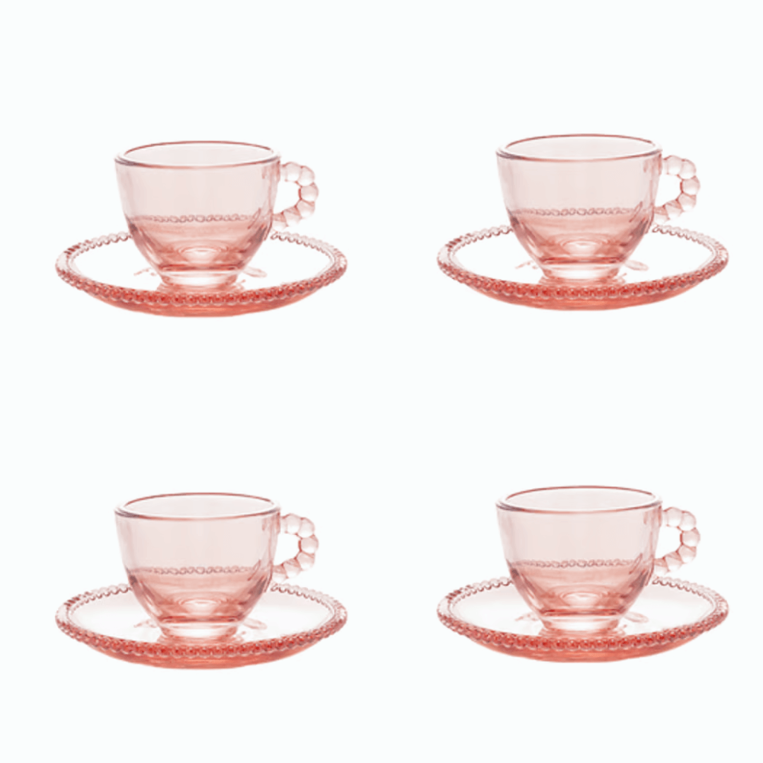 Jogo 4 Xicaras de Café Cristal de Chumbo com Pires Pearl Rosa 80ml