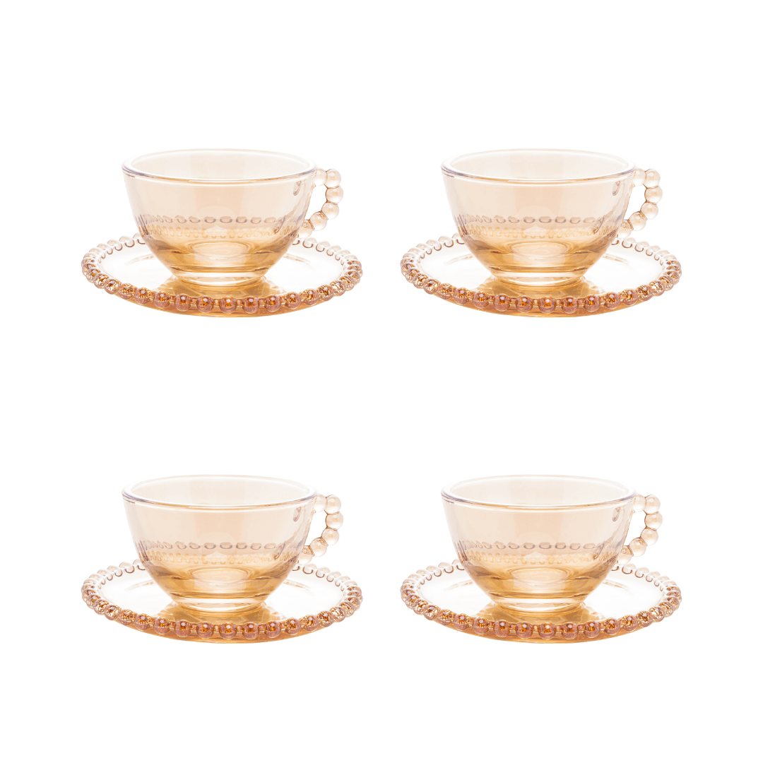 Jogo 4 Xicaras para Chá em Cristal com Pires Pearl Âmbar 180ml