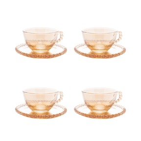 Jogo 4 Xicaras para Chá em Cristal com Pires Pearl Âmbar 180ml