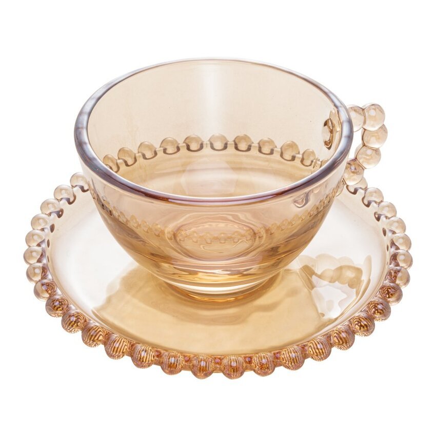 Jogo 4 Xicaras para Chá em Cristal com Pires Pearl Âmbar 180ml