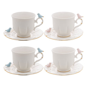 Jogo 4 Xicaras para Chá em Porcelana Birds Branca 200ml