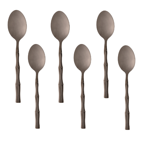 Jogo 6 Colheres para Chá Estilo Bambu Aço Inox Elegant Preto Ônix 12,5 cm
