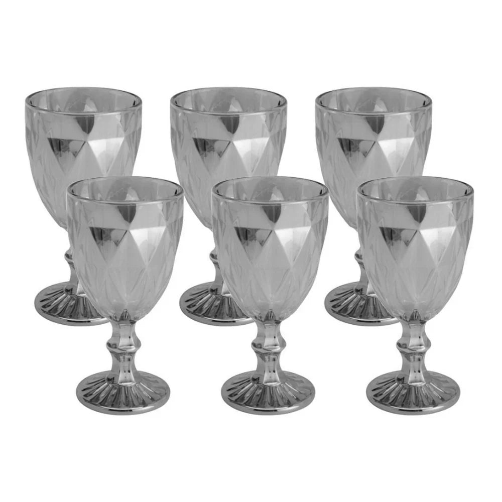 Jogo 6 Taças Para Água De Vidro Cinza Fumê Metalizado Diamond - 325 ml
