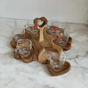 Jogo 6 Xícaras de Café 65ml com Pires Coração e Suporte de Madeira Teca