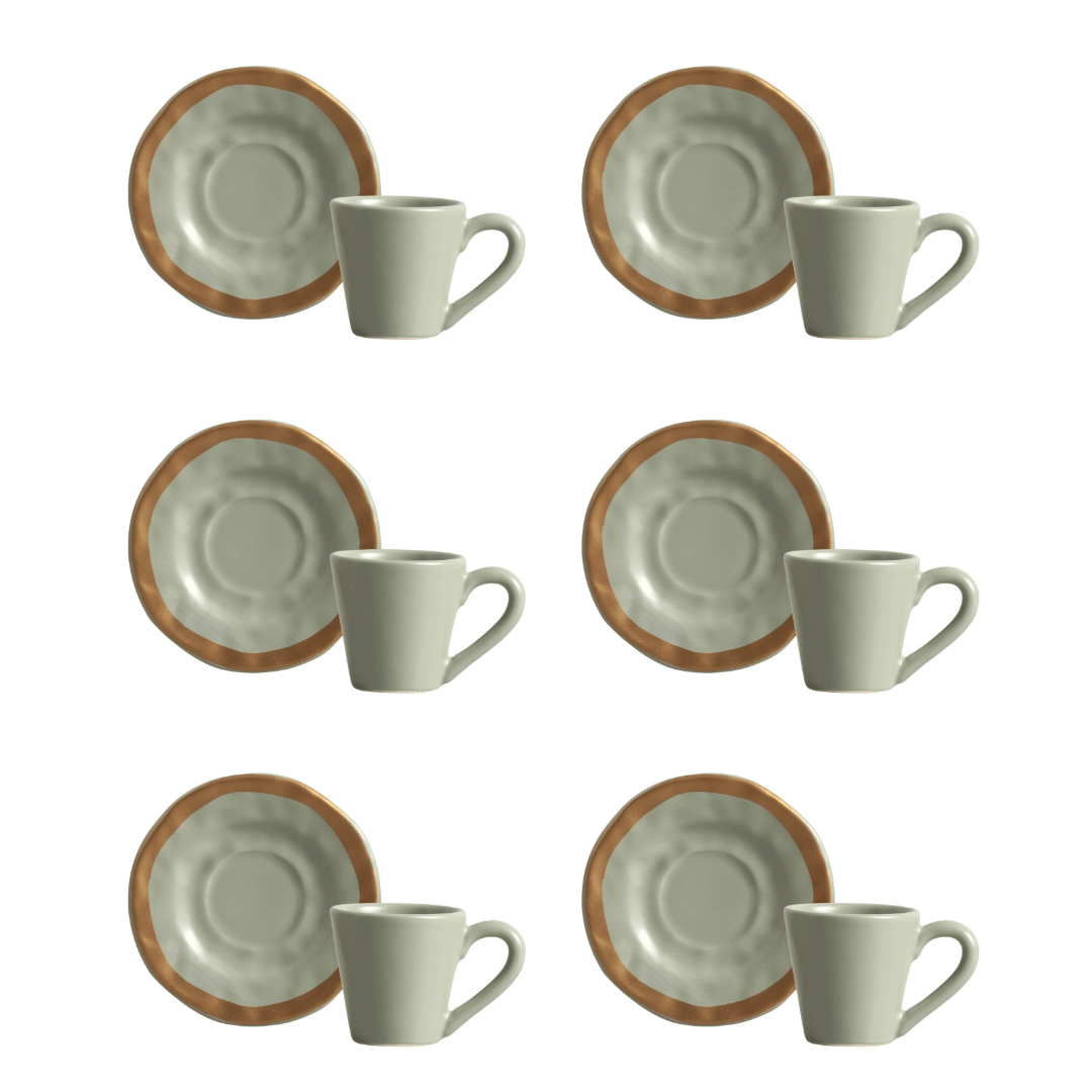 Jogo 6 Xícaras de Café com Pires Amassada Verde com Filete