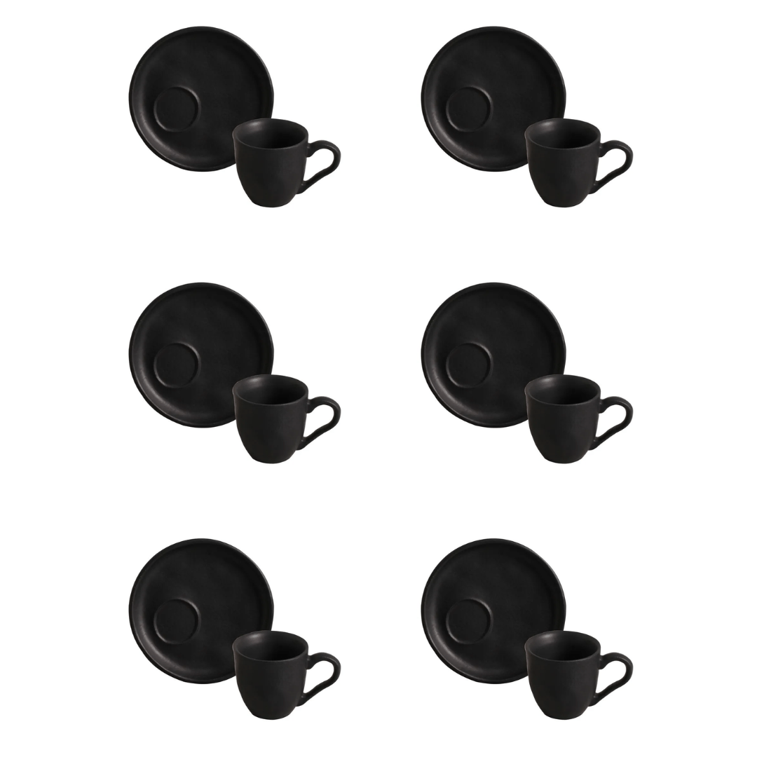 Jogo 6 Xícaras de Café com Pires Bio Preto Matte Descentralizado 70ml