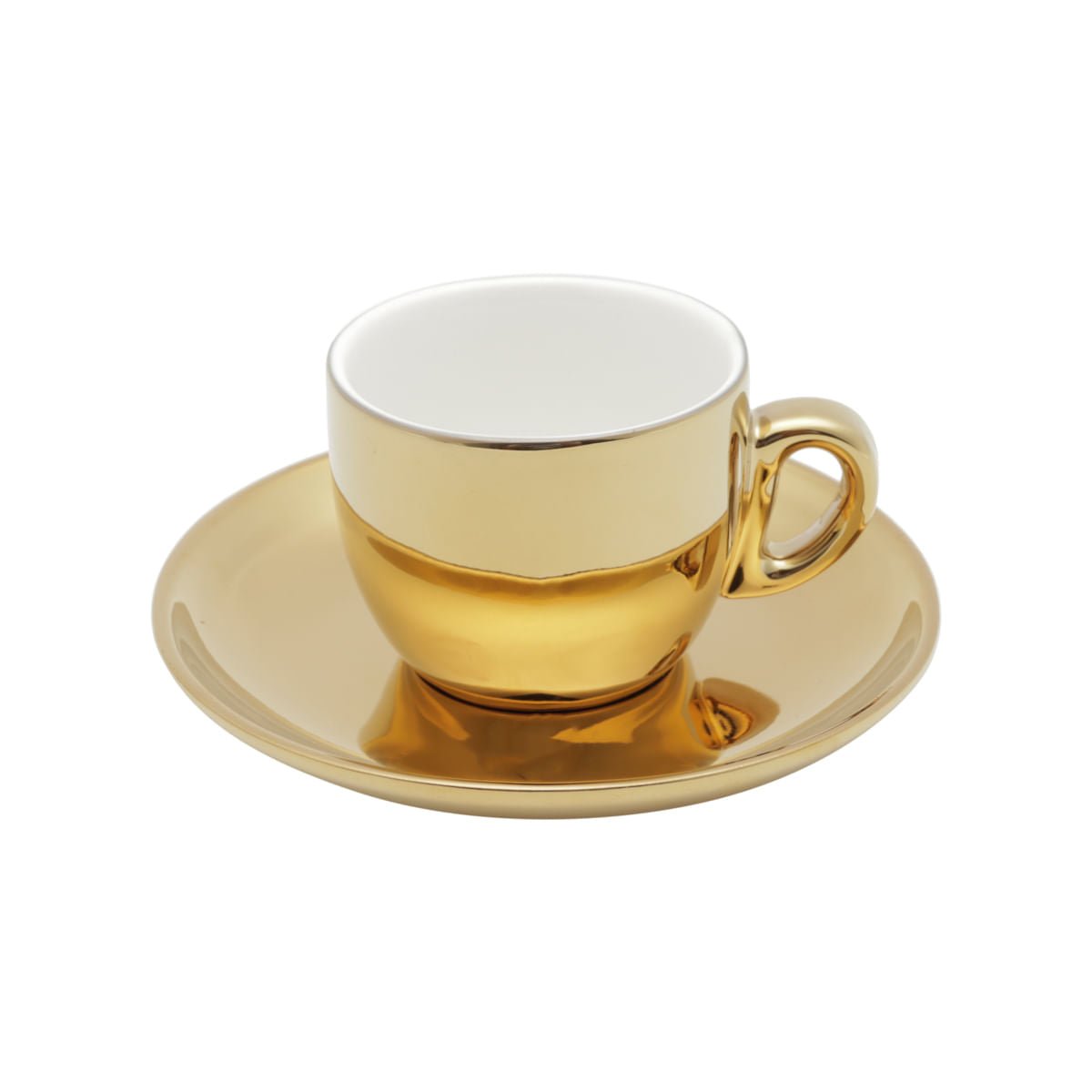 Jogo 6 Xícaras de Café com Pires em Porcelana Branco e Dourado com Suporte 90ml