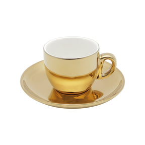 Jogo 6 Xícaras de Café com Pires em Porcelana Branco e Dourado com Suporte 90ml