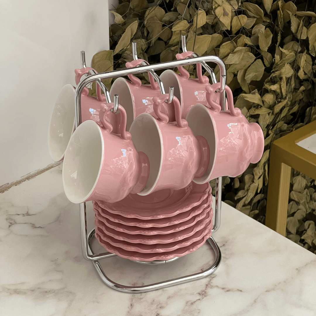 Jogo 6 Xicaras de Café com Pires em Porcelana Fancy Rose 90ml