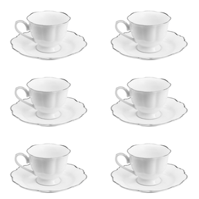 Jogo 6 Xícaras de Café Com Pires Porcelana Branco Com Fio Prateado - 80ml