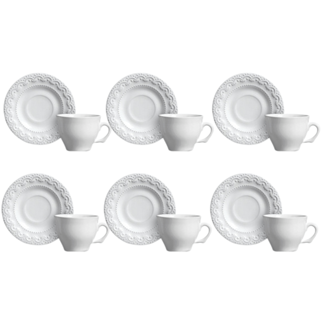 Jogo 6 Xicaras de Café com Pires Princess Branco 100ml