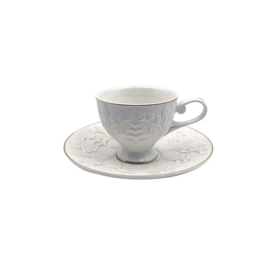 Jogo 6 Xícaras de Café com Pires Scarlet New Bone Branco e Dourado 90ml