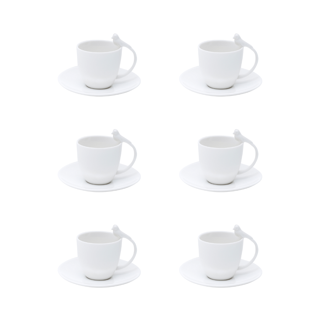 Jogo 6 Xícaras de Café Porcelana com Pires Birds Branca 85ml
