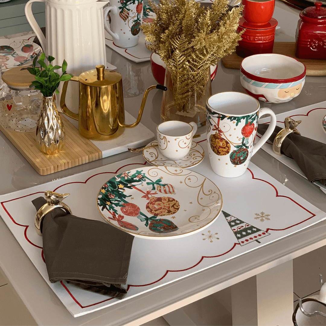 Jogo Americano Retangular com Árvore de Natal Branco e Vermelho 45cm
