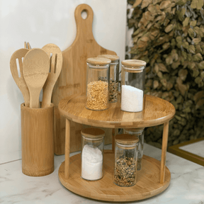 Jogo de 3 Utensílios em Bambu com Suporte para Cozinha