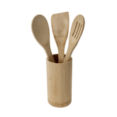 Jogo de 3 Utensílios em Bambu com Suporte para Cozinha