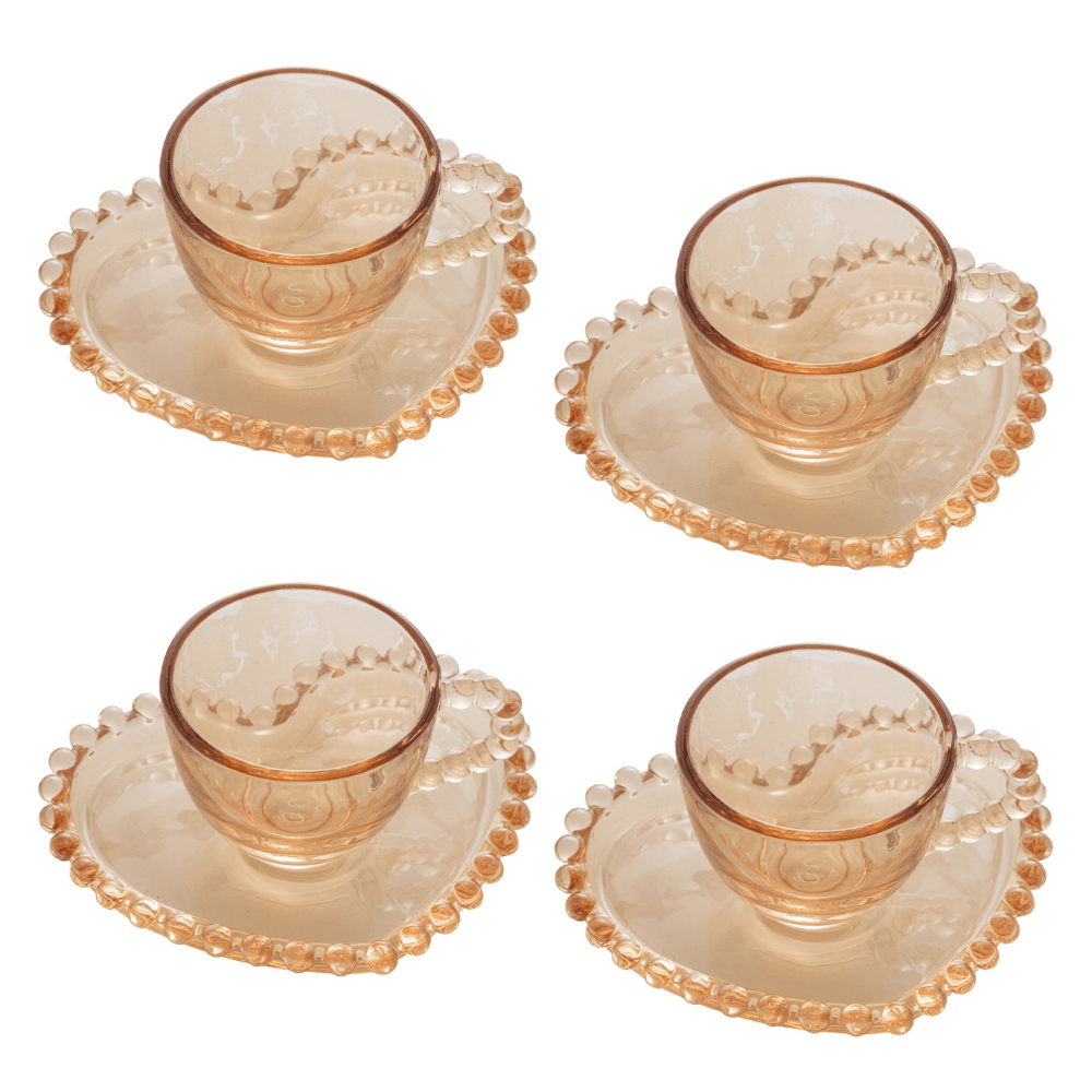 Jogo de 4 Xícaras de Café Cristal com Pires Coração Pearl Âmbar - 85 ml