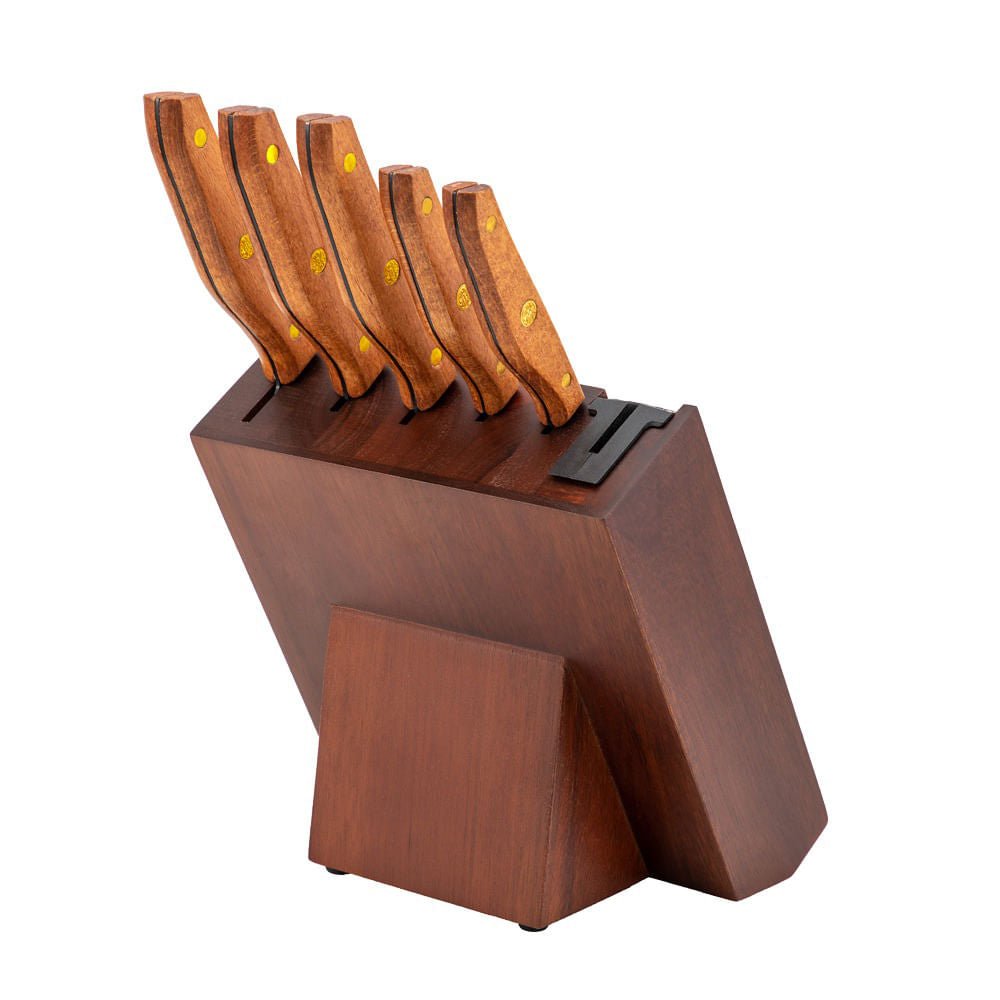 Jogo De 5 Facas Hanzzo Wood em Aço Inox Lâmina Preta
